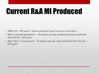 Current R&A MI Produced
• MIRA On / Off report - System produced report saved to a local drive.
• R&A Caseload Spreadsheet – 10 minutes per day produced but data transferred
from the On / Off report.
• R&A Open / Closed report – 20 minutes per day. Data transferred from the On /
Off report.
 