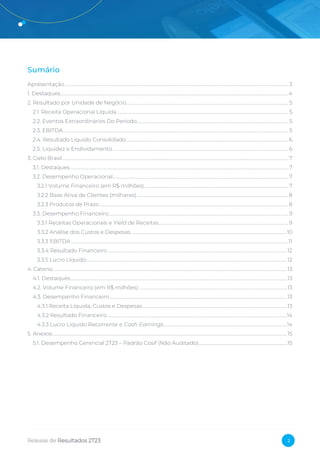 Release de Resultados 2T23 2
Sumário
Apresentação............................................................................................................................................................................................................ 3
1. Destaques................................................................................................................................................................................................................4
2. Resultado por Unidade de Negócio ................................................................................................................................................... 5
2.1. Receita Operacional Líquida ............................................................................................................................................................ 5
2.2. Eventos Extraordinários Do Período.......................................................................................................................................... 5
2.3. EBITDA ............................................................................................................................................................................................................. 5
2.4. Resultado Líquido Consolidado....................................................................................................................................................6
2.5. Liquidez e Endividamento ................................................................................................................................................................6
3. Cielo Brasil..............................................................................................................................................................................................................7
3.1. Destaques.......................................................................................................................................................................................................7
3.2. Desempenho Operacional................................................................................................................................................................7
3.2.1 Volume Financeiro (em R$ milhões) ...................................................................................................................................7
3.2.2 Base Ativa de Clientes (milhares) ..........................................................................................................................................8
3.2.3 Produtos de Prazo ............................................................................................................................................................................8
3.3. Desempenho Financeiro....................................................................................................................................................................9
3.3.1 Receitas Operacionais e Yield de Receitas......................................................................................................................9
3.3.2 Análise dos Custos e Despesas..............................................................................................................................................10
3.3.3 EBITDA ......................................................................................................................................................................................................11
3.3.4 Resultado Financeiro....................................................................................................................................................................12
3.3.5 Lucro Líquido.......................................................................................................................................................................................12
4. Cateno .....................................................................................................................................................................................................................13
4.1. Destaques......................................................................................................................................................................................................13
4.2. Volume Financeiro (em R$ milhões) .......................................................................................................................................13
4.3. Desempenho Financeiro..................................................................................................................................................................13
4.3.1 Receita Líquida, Custos e Despesas....................................................................................................................................13
4.3.2 Resultado Financeiro ...................................................................................................................................................................14
4.3.3 Lucro Líquido Recorrente e Cash Earnings................................................................................................................14
5. Anexos......................................................................................................................................................................................................................15
5.1. Desempenho Gerencial 2T23 – Padrão Cosif (Não Auditado).................................................................................15
 
