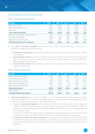 2Q23 Earnings Release 10
3.3.2 Analysis of Costs and Expenses
3.3.2.1 Cost of Services Rendered
• The costs of services rendered reduced 4.3% over 2Q22, mainly reflecting a reduction in
transaction-related costs. Key variations:
• Transaction-related costs decreased in both comparisons, mainly reflecting the lower volume
in the period.
• Costs related to POS grew 2.0% over 2Q22, largely due to the renewal of the POS equipment
park, to enhance customer experience, resulting in higher expenses with maintenance,
depreciation and amortization.
• PIS and Cofins credits showed positive variation, trailing variations in the calculation basis and
greater tax efficiency.
3.3.2.2 Operating Expenses
• Operating expenses grew 13.3% over 2Q22, on a normalized basis, mainly reflecting higher
personnel expenses, in line with commercial expansion and the restatement established in the
collective bargaining agreement in 3Q22. Key variations:
• Regarding personnel expenses, the increase over 2Q22 was mainly due to higher expenses
related to the sales team and the collective bargaining agreement established in 3Q22, in
addition to higher isolated expenses in 2Q23 related to terminations, due to changes made to
the Company's staff.
Compared to 2Q23, this growth is also explained by the baseline effect of the movement of
provisions, such as those related to the Company's variable compensation programs.
• In general and administrative expenses, the increase is mainly related to the new Company
transformation program, #PraCimaCielo!, and initiatives to improve customer service and
service quality, as well as more expenses with training and transport related to the commercial
expansion..
R$ million 2Q23 2Q22 Var. % 1Q23 Var. %
Costs related to POS (232.1) (227.6) 2.0% (235.5) -1.5%
Costs related to transactions (527.1) (568.7) -7.3% (558.4) -5.6%
Other costs (78.4) (78.9) -0.6% (78.7) -0.3%
Cost of service rendered (837.7) (875.1) -4.3% (872.6) -4.0%
Brand fees and services rendered by banks 414.2 475.1 -12.8% 424.8 -2.5%
Tax Credit (PIS / COFINS) (103.8) (91.5) 13.4% (85.0) 22.1%
Depreciation and amortization 132.4 130.1 1.8% 136.3 -2.9%
Normalized Cost of service rendered (394.9) (361.4) 9.3% (396.5) -0.4%
R$ million 2Q23 2Q22 Var. % 1Q23 Var. %
Salaries / Wages and benefits (276.9) (214.9) 28.9% (234.9) 17.9%
General and administratives (77.6) (73.9) 5.0% (56.5) 37.3%
Sales and Marketing expenses (36.0) (25.3) 42.3% (12.6) 185.7%
Other operating expenses net 232.6 (70.4) n/a (40.3) n/a
Depreciation and Amortization (1.9) (2.0) -5.0% (1.9) 0.0%
Operating Expenses (159.8) (386.5) -58.7% (346.2) -53.8%
Non-recurring (226.0) 46.0
Normalized Operating Expenses (385.8) (340.5) 13.3% (346.2) 11.4%
 