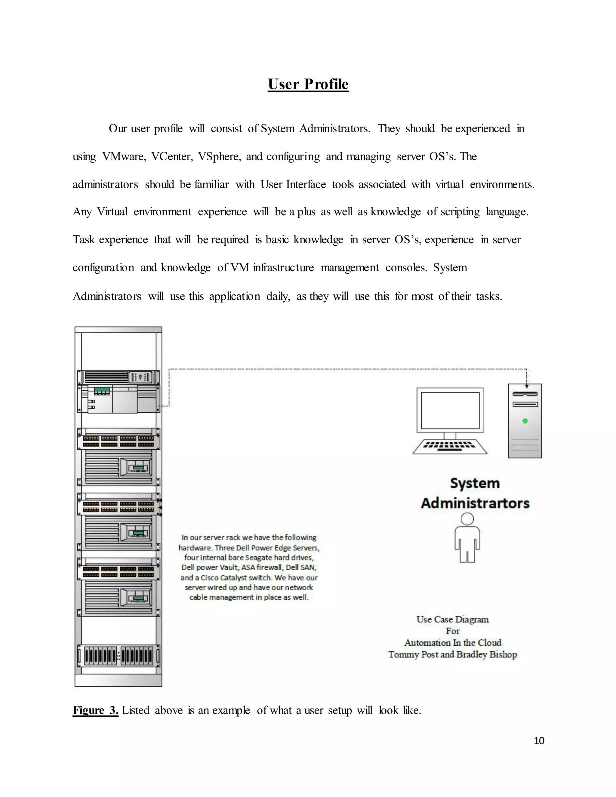 10
User Profile
Our user profile will consist of System Administrators. They should be experienced in
using VMware, VCenter, VSphere, and configuring and managing server OS’s. The
administrators should be familiar with User Interface tools associated with virtual environments.
Any Virtual environment experience will be a plus as well as knowledge of scripting language.
Task experience that will be required is basic knowledge in server OS’s, experience in server
configuration and knowledge of VM infrastructure management consoles. System
Administrators will use this application daily, as they will use this for most of their tasks.
Figure 3. Listed above is an example of what a user setup will look like.
 