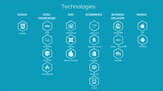 DESIGN CORE/
FRAMEWORK
CMS ECOMMERCE BUSINESS
SOLUTION
MOBILE
Technologies
HTML5 PHP
LARAVEL
CakePHP
CodeIgniter
WordPress
Joomla
Nation Builder
Opencart
Bigcommerce
Shopify
Magento
X-cart
openEMR
Odoo - OpenERP
Moodle
iOS
Android
 