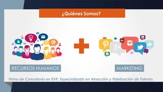 RECURSOS HUMANOS MARKETING
Firma de Consultoría en EVP, Especializada en Atracción y Fidelización de Talento.
¿Quiénes Somos?
 