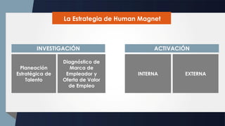 Planeación
Estratégica de
Talento
Diagnóstico de
Marca de
Empleador y
Oferta de Valor
de Empleo
INVESTIGACIÓN ACTIVACIÓN
INTERNA EXTERNA
La Estrategia de Human Magnet
 