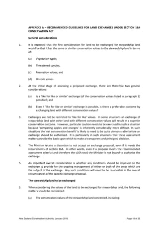 New Zealand Conservation Authority: January 2016 Page 18 of 25
APPENDIX A – RECOMMENDED GUIDELINES FOR LAND EXCHANGES UNDE...