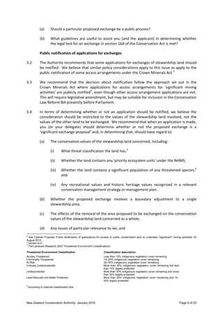 New Zealand Conservation Authority: January 2016 Page 6 of 25
(a) Should a particular proposed exchange be a public proces...