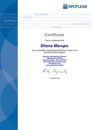 Certificate
This is a statement that
Shona Marupo
has successfully completed the following courses in the
Job Safety Skills Program:
Spotting and Reporting Hazards
Safe Manual Handling
Preventing Slips, Trips and Falls
Working Safely with Electricity
Preventing Cuts
Using Chemicals Safely
21 March 2013
 