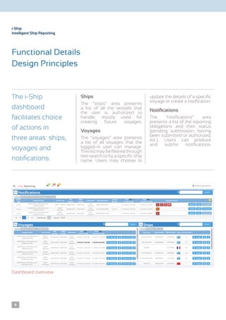 Ships
The “ships” area presents
a list of all the vessels that
the user is authorized to
handle; mostly used for
creating future voyages.
Voyages
The ”voyages” area presents
a list of all voyages that the
logged-in user can manage.
Thislistmaybefilteredthrough
text search or by a specific ship
name. Users may choose to
update the details of a specific
voyage or create a notification.
Notifications
The ”notifications” area
presents a list of the reporting
obligations and their status
(pending submission, having
been submitted or authorized,
etc.). Users can produce
and submit notifications.
The i-Ship
dashboard
facilitates choice
of actions in
three areas: ships,
voyages and
notifications.
Notifications
Voyages Ships
i-Ship
Intelligent Ship Reporting
Functional Details
Design Principles
Dashboard overview
8
 