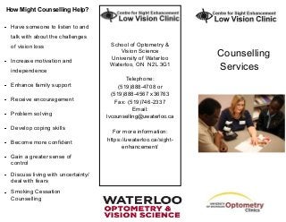 Have someone to listen to and
talk with about the challenges
of vision loss
Increase motivation and
independence
Enhance family support
Receive encouragement
Problem solving
Develop coping skills
Become more confident
Gain a greater sense of
control
Discuss living with uncertainty/
deal with fears
Smoking Cessation
Counselling
School of Optometry &
Vision Science
University of Waterloo
Waterloo, ON N2L 3G1
Telephone:
(519)888-4708 or
(519)888-4567 x36763
Fax: (519)746-2337
Email:
lvcounselling@uwaterloo.ca
For more information:
https://uwaterloo.ca/sight-
enhancement/
How Might Counselling Help?
Counselling
Services
 