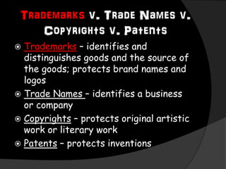 Trademarks v. Trade Names v.
Copyrights v. Patents
 Trademarks – identifies and
distinguishes goods and the source of
the goods; protects brand names and
logos
 Trade Names – identifies a business
or company
 Copyrights – protects original artistic
work or literary work
 Patents – protects inventions
 