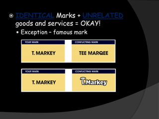  IDENTICAL Marks + UNRELATED
goods and services = OKAY!
 Exception – famous mark
 