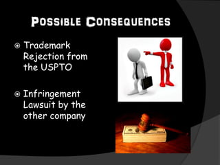 Possible Consequences
 Trademark
Rejection from
the USPTO
 Infringement
Lawsuit by the
other company
 
