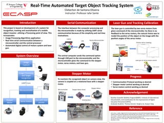 Real-Time Automated Target Object Tracking System
Cleberton de Santana Oliveira
Instructor: Professor Jafar Saniie
This project is based on development of a system for
recognition, tracking and neutralization of a mobile
object invasion utilizing a Processing point of view. This
incorporates:
• Image Processing Algorithms application
• Real time serial communication between a
microcontroller and the central processor
• Automated digital control of motors system and laser
gun.
Introduction
System Overview
The interface between the computer processing and
the microcontroller is made by utilizing UART serial
communication because of the simplicity and real time
motivations.
The central computer sends the command option
through USB port to the microcontroller and the
microcontroller gives the command to the stepper
motor, servo motors, and laser gun.
Serial Communication
Image
Capture
Image Processing
and Target
recognition
Microcontroller
Stepper
Motor
Servo motors
Gun with laser
pointer
Laptop
USB Nucleo Microcontroller
To maintain the recognized object on camera view, the
camera is coupled on a rotational base with a stepper
motor.
Stepper Motor
Microcontroller Stepper Motor Driver
Stepper Motor
Pulse train
The laser gun is controlled by two servo motors from
given command of the microcontroller. As there is no
feedback to the servo motors, the natural choice was to
model the position of the object on the image with the
position angles of the servo motor.
Laser Gun and Tracking Calibration
UART
Laser gun on Servo motors control
Object position
Position-Servo modeling
 Communication Protocol working as desired
 Stepper motor control working as desired
 Servo motors control working as desired
Progress
UART Com.
PWM
Signals
Camera
Laser pointer
Brazilian Scientific Mobility Program(BSMP), Institute of International
Education(IIE), and Coordination for the Improvement of Higher
Education Personnel (CAPES)
Graduate Students: Thomas Gonnot, Yonghui Jia, Guojun Yang
Acknowledgement
Rotating Base
[1] R. Jones, I. Svalbe, “Algorithms for the Decomposition of Gray-Scale Morphological Operations”, IEEE
TRANSACTIONS ON PATTERN ANALYSIS AND MACHINE INTELLIGENCE, VOL. 16, NO. 6, JUNE 1994.
[2] K. Suzuki, I. Horiba, N. Sugieb,”Linear-time connected-component labeling based on sequential local
operations”, Computer Vision and Image Understanding 89 (2003) 1–23
[3] Jing-Hao Xuea, D. M. Titteringtonb, “Median-based Image Thresholding”, Image and Vision Computing
November 9, 2010.
Reference
 