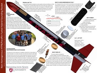 INTRO:
FROM GROUND
ZERO
In the spring of 2015, a new class was
started at Washington State University titled
Applied Rocket Design. The class was divided
into three teams of undergraduate mechanical engineers
each with a different type of propulsion system. Through a
generous donation from Paul Laufman, each team was provided
with a $3,000 budget to design, build, and test a sounding rocket. At
the end of the semester, the three rockets were scheduled to launch and
compete in the Experimental Sounding Rocket Association competition.
WHY HYBRID?
E 1. Enhanced safety from explosion
or detonation during fabrication,
storage, and operation
2. Start-stop-restart capabilities
3. Throttling capabilities
4. Higher specific impulse than solid rocket motors
5. Higher density- specific impulse than liquid
6. Relative simplicity = low overall system cost
compared to liquids
7. Easily refueled and reused
PROPELLANT 101
A hybrid rocket combines the simplicity of a solid propellant rocket and the efficiency of a fluid
propelled rocket. Our hybrid utilizes a liquid nitrous oxide oxidizer that is injected into a
combustion chamber which holds a solid non-homogenous HTPB/Paraffin fuel grain.
An igniter combusts with the oxidizer, raising the temperature of the combustion
chamber. This raised temperature melts the top layer of the fuel grain which
combines with the oxidizer to produce more combustion.
WHAT IS NON-HOMOGENEOUS FUEL?
Non-Homogenous fuel is a fuel in which two chemicals are mixed together with only
physical bonds to connect them. In our case this means our solid paraffin wax is
mixed with our liquid HTPB to create a mixture which has the benefits of both
HTPB and paraffin. HTPB is structurally stable but has a low regression
rate while paraffin wax is structurally unstable and but exhibits a high
regression rate. By combining these two, we can create a fuel
that is both structurally stable and has a high regression
rate. This is extremely desirable for a well performing rocket.
performing rocket.
3,2,1 - LIFT OFF
Desired Impulse: 5100 N-s
Total Weight: ~40 lbs
Projected Thrust: ~1900 N
Overall Rocket Height: 8 Feet
Desired Altitude: 10,000 Feet
SYSTEM DESIGN:
INEXPERIENCE MEETS ENTHUSIASM
The students had no prior experience or knowledge to propel them to an easy design, just
abundant enthusiasm. As a function of the class, each week was divided into major design
challenges that built upon each other; the teams prepared and presented to the class the
knowledge and decisions they had developed that week. This collaboration allowed the
teams to build upon one another’s failures and successes. The engine system was the most
complicated part of the design. The properties of a hybrid engine is determined empirically,
meaning that our design process was based on assumptions that could not be confirmed
until tested. To overcome this challenge, the rocket was designed to be modular;
every component was meant to be replaced individually without affecting the rest.
InjectorPlate
●
Showerhead
design
of13
-.75”holes
●
Design
com
prom
ises
between
atom
ization
and
avoidance
ofcavitation
G
raphite
Nozzle
●
ThroatDiam
eter:1
inch
●
Expansion
Ratio:9
Coupler-
●
Lightweightas
possible
●
Injectorinserts
into
the
coupler.
●
O
uterjacketwraps
around
body
FuelG
rain
●
M
ixture
ofHTPB
and
Paraffin
Parachute
●
Drogue:24
Inch
Elliptical
●
M
ain:96
Inch
Elliptical
●
TenderDescender”for
M
ain
Chute
deploym
ent
Electronics
●
AIM
XTRA
G
PS
flightcom
puter
●
PNP
transistor
●
2-way
Norm
ally
close
vale
●
Housed
in
Plywood
Bulkheads
Plus
Cardboard
body
Fin-●
ClippedDeltadesign
○
Span=
9”
○
Tiplength=
4.5”
○
Rootwidth=
0.9”
○
Tipwidth=
0.45”
○
4findesigntomaximize
stability
WHAT GOES UP . . .
The recovery system was designed to
maximize reliability, and simplify manufacturing. Unlike
typical two stage deployments, our rocket uses a single point of
separation. At apogee, the nose cone ejects, drogue chute deploys and
slows our rocket to 88 ft/s. The main chute, contained in a bag, is pulled out
and attached to a Tender Descender until 1500 ft. At 1500 ft, a signal opens
the Tender Descender, which deploys the main chute and slows the rocket
to 20 ft/s. A GPS tracking system will help to locate the rocket, and if no
damage is present, the system can be refueled and launched in minutes.
Nose Cone
●
Balsa W
ood manufactured on Lathe
●
Hollow
with a Haack Series Profile
Oxidizer Tank
●
6061-T6 Aluminum
●
Threaded Bulkheads
●
Optimized for 750 PSI
Air Fram
e
●
⅛” thick Carbon Fiber
●
94” length
●
4.5” outer diameter
http://www.spg-corp.com/advanced-hybrid-rocket-fuels.html
 