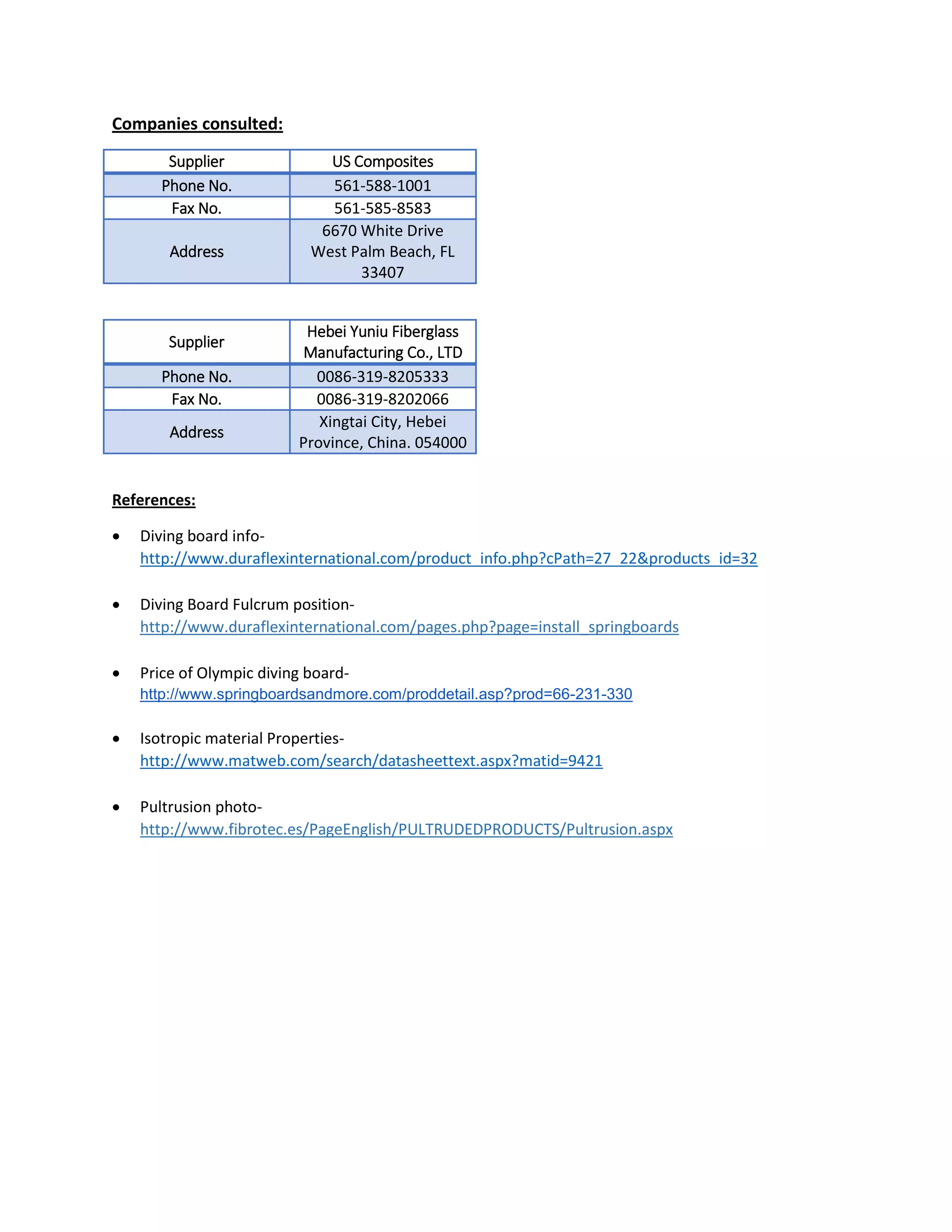 Companies consulted:
Supplier US Composites
Phone No. 561-588-1001
Fax No. 561-585-8583
Address
6670 White Drive
West Palm Beach, FL
33407
Supplier
Hebei Yuniu Fiberglass
Manufacturing Co., LTD
Phone No. 0086-319-8205333
Fax No. 0086-319-8202066
Address
Xingtai City, Hebei
Province, China. 054000
References:
 Diving board info-
http://www.duraflexinternational.com/product_info.php?cPath=27_22&products_id=32
 Diving Board Fulcrum position-
http://www.duraflexinternational.com/pages.php?page=install_springboards
 Price of Olympic diving board-
http://www.springboardsandmore.com/proddetail.asp?prod=66-231-330
 Isotropic material Properties-
http://www.matweb.com/search/datasheettext.aspx?matid=9421
 Pultrusion photo-
http://www.fibrotec.es/PageEnglish/PULTRUDEDPRODUCTS/Pultrusion.aspx
 