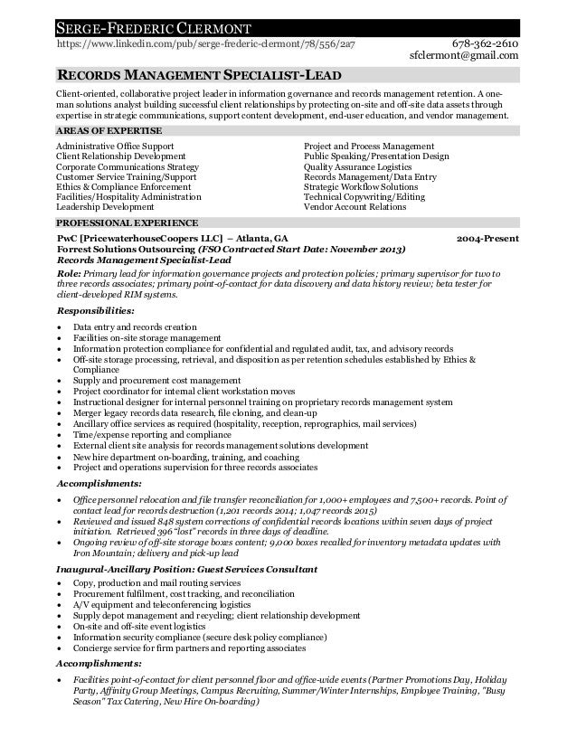 Records Description Resume sfc resume september 2015 records management Records Description Resume sfc resume september 2015 records management