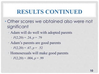 • Other scores we obtained also were not
significant
• Adam will do well with adopted parents
• F(2,20) = .24, p = .79
• Adam’s parents are good parents
• F(2,20) = .67, p = .52
• Homosexuals will make good parents
• F(2,20) = .004, p = .99
10
RESULTS CONTINUED
 