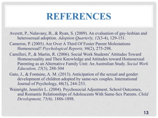 REFERENCES
Averett, P., Nalavany, B., & Ryan, S. (2009). An evaluation of gay-lesbian and
heterosexual adoption. Adoption Quarterly, 12(3-4), 129-151.
Cameron, P. (2005). Are Over A Third Of Foster Parent Molestations
Homosexual? Psychological Reports, 96(2), 275-298.
Camilleri, P., & Martin, R. (2006). Social Work Students’Attitudes Toward
Homosexuality and Their Knowledge and Attitudes toward Homosexual
Parenting as an Alternative Family Unit: An Australian Study. Social Work
Education, 25(3), 288-304
Gato, J., & Fontaine, A. M. (2013). Anticipation of the sexual and gender
development of children adopted by same-sex couples. International
Journal of Psychology, 48(3), 244-253.
Wainright, Jennifer L. (2004). Psychosocial Adjustment, School Outcomes,
and Romantic Relationships of Adolescents With Same-Sex Parents. Child
Development, 75(6), 1886-1898.
13
 