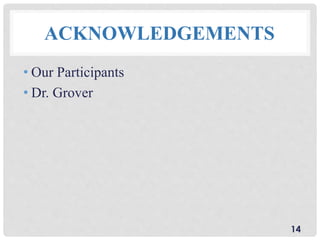 ACKNOWLEDGEMENTS
• Our Participants
• Dr. Grover
14
 