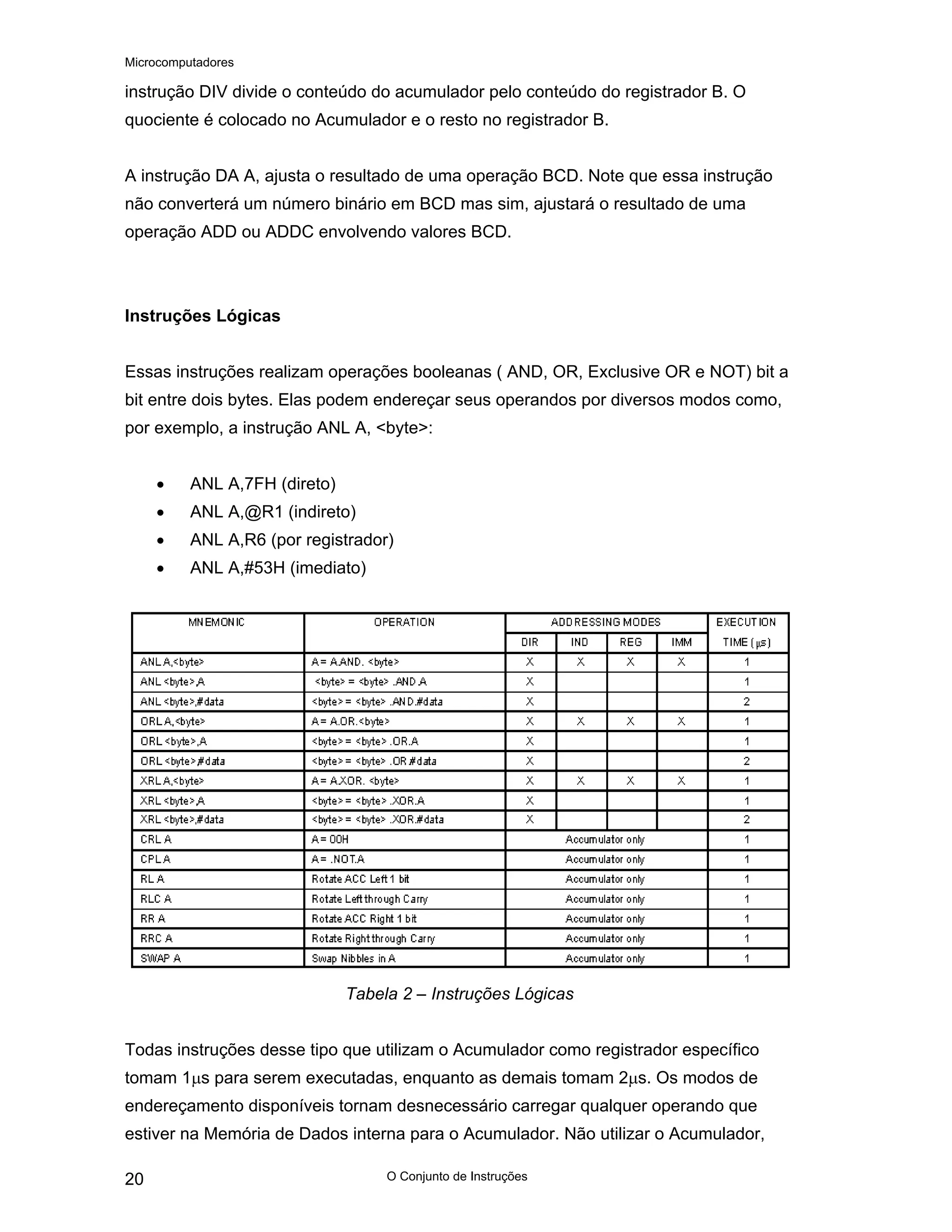 Microcomputadores
O Conjunto de Instruções
20
instrução DIV divide o conteúdo do acumulador pelo conteúdo do registrador B. O
quociente é colocado no Acumulador e o resto no registrador B.
A instrução DA A, ajusta o resultado de uma operação BCD. Note que essa instrução
não converterá um número binário em BCD mas sim, ajustará o resultado de uma
operação ADD ou ADDC envolvendo valores BCD.
Instruções Lógicas
Essas instruções realizam operações booleanas ( AND, OR, Exclusive OR e NOT) bit a
bit entre dois bytes. Elas podem endereçar seus operandos por diversos modos como,
por exemplo, a instrução ANL A, <byte>:
• ANL A,7FH (direto)
• ANL A,@R1 (indireto)
• ANL A,R6 (por registrador)
• ANL A,#53H (imediato)
Tabela 2 – Instruções Lógicas
Todas instruções desse tipo que utilizam o Acumulador como registrador específico
tomam 1µs para serem executadas, enquanto as demais tomam 2µs. Os modos de
endereçamento disponíveis tornam desnecessário carregar qualquer operando que
estiver na Memória de Dados interna para o Acumulador. Não utilizar o Acumulador,
 