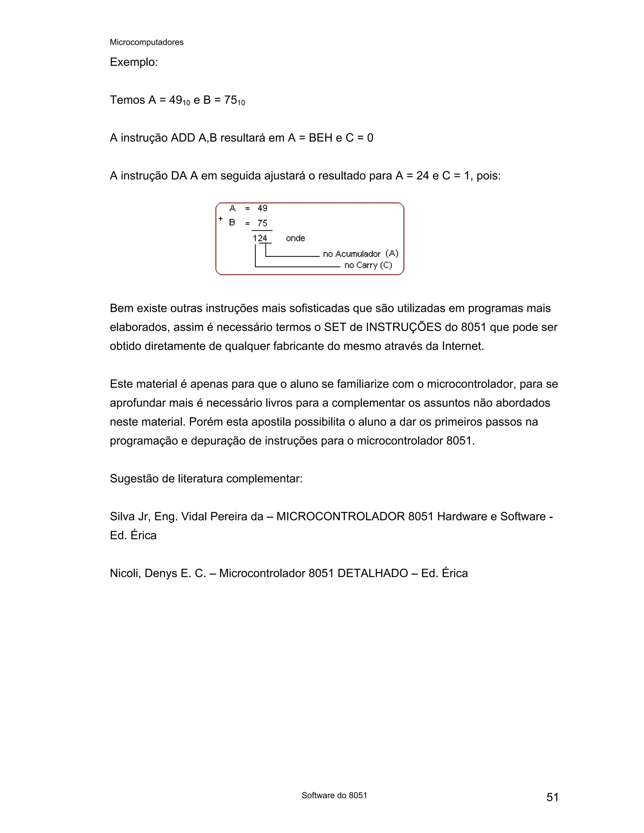 Microcomputadores
Software do 8051 51
Exemplo:
Temos A = 4910 e B = 7510
A instrução ADD A,B resultará em A = BEH e C = 0
A instrução DA A em seguida ajustará o resultado para A = 24 e C = 1, pois:
Bem existe outras instruções mais sofisticadas que são utilizadas em programas mais
elaborados, assim é necessário termos o SET de INSTRUÇÕES do 8051 que pode ser
obtido diretamente de qualquer fabricante do mesmo através da Internet.
Este material é apenas para que o aluno se familiarize com o microcontrolador, para se
aprofundar mais é necessário livros para a complementar os assuntos não abordados
neste material. Porém esta apostila possibilita o aluno a dar os primeiros passos na
programação e depuração de instruções para o microcontrolador 8051.
Sugestão de literatura complementar:
Silva Jr, Eng. Vidal Pereira da – MICROCONTROLADOR 8051 Hardware e Software -
Ed. Érica
Nicoli, Denys E. C. – Microcontrolador 8051 DETALHADO – Ed. Érica
 