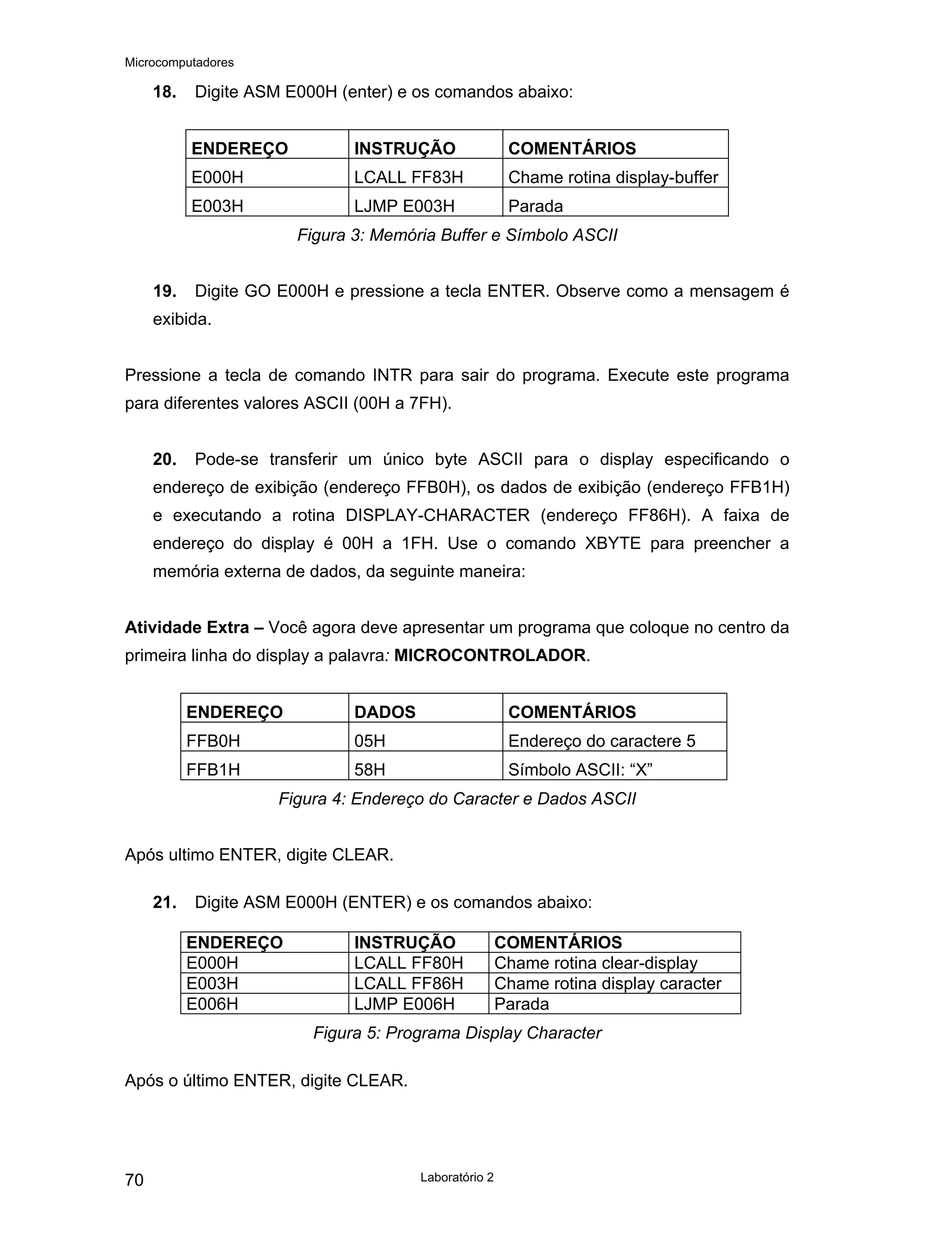 Microcomputadores
Laboratório 2
70
18. Digite ASM E000H (enter) e os comandos abaixo:
ENDEREÇO INSTRUÇÃO COMENTÁRIOS
E000H LCALL FF83H Chame rotina display-buffer
E003H LJMP E003H Parada
Figura 3: Memória Buffer e Símbolo ASCII
19. Digite GO E000H e pressione a tecla ENTER. Observe como a mensagem é
exibida.
Pressione a tecla de comando INTR para sair do programa. Execute este programa
para diferentes valores ASCII (00H a 7FH).
20. Pode-se transferir um único byte ASCII para o display especificando o
endereço de exibição (endereço FFB0H), os dados de exibição (endereço FFB1H)
e executando a rotina DISPLAY-CHARACTER (endereço FF86H). A faixa de
endereço do display é 00H a 1FH. Use o comando XBYTE para preencher a
memória externa de dados, da seguinte maneira:
Atividade Extra – Você agora deve apresentar um programa que coloque no centro da
primeira linha do display a palavra: MICROCONTROLADOR.
ENDEREÇO DADOS COMENTÁRIOS
FFB0H 05H Endereço do caractere 5
FFB1H 58H Símbolo ASCII: “X”
Figura 4: Endereço do Caracter e Dados ASCII
Após ultimo ENTER, digite CLEAR.
21. Digite ASM E000H (ENTER) e os comandos abaixo:
ENDEREÇO INSTRUÇÃO COMENTÁRIOS
E000H LCALL FF80H Chame rotina clear-display
E003H LCALL FF86H Chame rotina display caracter
E006H LJMP E006H Parada
Figura 5: Programa Display Character
Após o último ENTER, digite CLEAR.
 