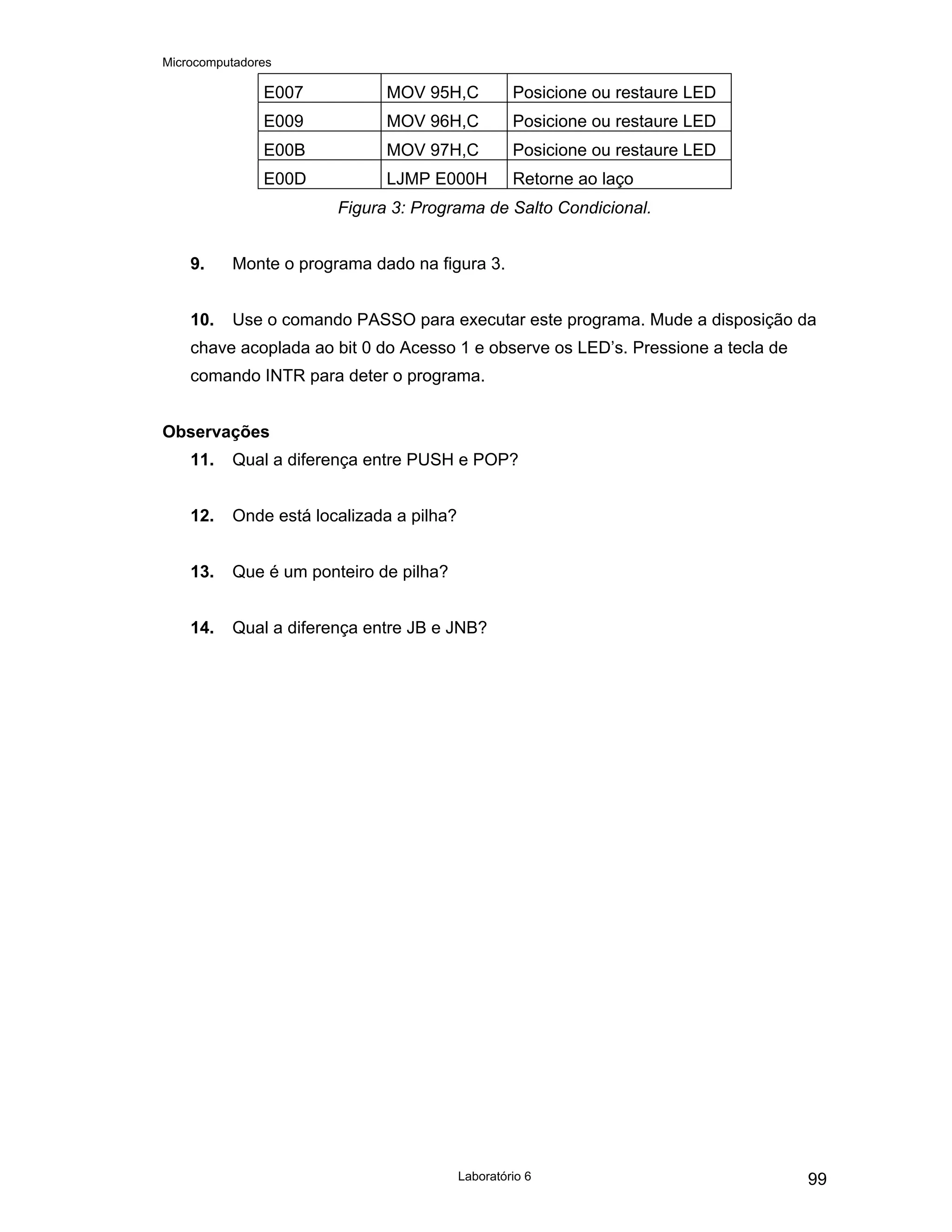 Microcomputadores
Laboratório 6 99
E007 MOV 95H,C Posicione ou restaure LED
E009 MOV 96H,C Posicione ou restaure LED
E00B MOV 97H,C Posicione ou restaure LED
E00D LJMP E000H Retorne ao laço
Figura 3: Programa de Salto Condicional.
9. Monte o programa dado na figura 3.
10. Use o comando PASSO para executar este programa. Mude a disposição da
chave acoplada ao bit 0 do Acesso 1 e observe os LED’s. Pressione a tecla de
comando INTR para deter o programa.
Observações
11. Qual a diferença entre PUSH e POP?
12. Onde está localizada a pilha?
13. Que é um ponteiro de pilha?
14. Qual a diferença entre JB e JNB?
 