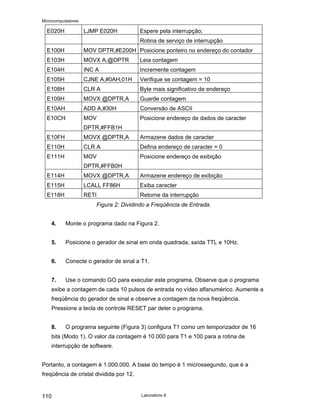 Microcomputadores
Laboratório 8
110
E020H LJMP E020H Espere pela interrupção;
Rotina de serviço de interrupção
E100H MOV DPTR,#E200H Posicione ponteiro no endereço do contador
E103H MOVX A,@DPTR Leia contagem
E104H INC A Incremente contagem
E105H CJNE A,#0AH,01H Verifique se contagem = 10
E108H CLR A Byte mais significativo de endereço
E109H MOVX @DPTR,A Guarde contagem
E10AH ADD A,#30H Conversão de ASCII
E10CH MOV
DPTR,#FFB1H
Posicione endereço de dados de caracter
E10FH MOVX @DPTR,A Armazene dados de caracter
E110H CLR A Defina endereço de caracter = 0
E111H MOV
DPTR,#FFB0H
Posicione endereço de exibição
E114H MOVX @DPTR,A Armazene endereço de exibição
E115H LCALL FF86H Exiba caracter
E118H RETI Retorne da interrupção
Figura 2: Dividindo a Freqüência de Entrada.
4. Monte o programa dado na Figura 2.
5. Posicione o gerador de sinal em onda quadrada, saída TTL e 10Hz.
6. Conecte o gerador de sinal a T1.
7. Use o comando GO para executar este programa. Observe que o programa
exibe a contagem de cada 10 pulsos de entrada no vídeo alfanumérico. Aumente a
freqüência do gerador de sinal e observe a contagem da nova freqüência.
Pressione a tecla de controle RESET par deter o programa.
8. O programa seguinte (Figura 3) configura T1 como um temporizador de 16
bits (Modo 1). O valor da contagem é 10.000 para T1 e 100 para a rotina de
interrupção de software.
Portanto, a contagem é 1.000.000. A base do tempo é 1 microssegundo, que é a
freqüência de cristal dividida por 12.
 