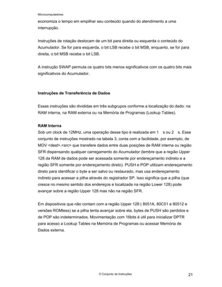 Microcomputadores
O Conjunto de Instruções 21
economiza o tempo em empilhar seu conteúdo quando do atendimento a uma
interrupção.
Instruções de rotação deslocam de um bit para direita ou esquerda o conteúdo do
Acumulador. Se for para esquerda, o bit LSB recebe o bit MSB, enquanto, se for para
direita, o bit MSB recebe o bit LSB.
A instrução SWAP permuta os quatro bits menos significativos com os quatro bits mais
significativos do Acumulador.
Instruções de Transferência de Dados
Essas instruções são divididas em três subgrupos conforme a localização do dado: na
RAM interna, na RAM externa ou na Memória de Programas (Lookup Tables).
RAM Interna
Sob um clock de 12MHz, uma operação desse tipo é realizada em 1 s ou 2 s. Esse
conjunto de instruções mostrado na tabela 3, conta com a facilidade, por exemplo, de
MOV <dest>,<src> que transfere dados entre duas posições de RAM interna ou região
SFR dispensando qualquer carregamento do Acumulador (lembre que a região Upper
128 da RAM de dados pode ser acessada somente por endereçamento indireto e a
região SFR somente por endereçamento direto). PUSH e POP utilizam endereçamento
direto para identificar o byte a ser salvo ou restaurado, mas usa endereçamento
indireto para acessar a pilha através do registrador SP. Isso significa que a pilha (que
cresce no mesmo sentido dos endereços e localizada na região Lower 128) pode
avançar sobre a região Upper 128 mas não na região SFR.
Em dispositivos que não contam com a região Upper 128 ( 8051A, 80C51 e 80512 e
versões ROMless) se a pilha tenta avançar sobre ela, bytes de PUSH são perdidos e
de POP são indeterminados. Movimentação com 16bits é útil para inicializar DPTR
para acesso a Lookup Tables na Memória de Programas ou acessar Memória de
Dados externa.
 