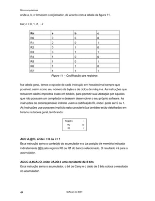 Microcomputadores
Software do 8051
44
onde a, b, c fornecem o registrador, de acordo com a tabela da figura 11.
Rn; n = 0, 1, 2, ...7
Rn a b c
R0 0 0 0
R1 0 0 1
R2 0 1 0
R3 0 1 1
R4 1 0 0
R5 1 0 1
R6 1 1 0
R7 1 1 1
Figura 11 – Codificação dos registros
Na tabela geral, temos o opcode de cada instrução em hexadecimal sempre que
possível, assim como seu número de bytes e de ciclos de máquina. As instruções que
requerem dados implícitos estão em binário, para permitir sua utilização por aqueles
que não possuam um compilador e desejem desenvolver o seu próprio software. As
instruções de endereçamento indireto usam a codificação Ri, onde i pode ser 0 ou 1.
As instruções que possuem implícita esta característica também estão detalhadas em
binário na tabela geral, lembrando:
ADD A,@Ri, onde i = 0 ou i = 1
Esta instrução soma o conteúdo do acumulador e o da posição de memória indicada
indiretamente (@) pelo registro R0 ou R1 do banco selecionado. O resultado irá para o
acumulador.
ADDC A,#DADO, onde DADO é uma constante de 8 bits
Esta instrução soma o acumulador, o bit de Carry e o dado de 8 bits coloca o resultado
no acumulador.
 