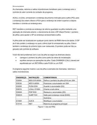 Microcomputadores
Laboratório 6
96
As chamadas, retornos e saltos incondicionais transferem para o endereço alvo o
controle do valor corrente do contador de programa.
ACALL e LCALL armazenam o endereço da próxima instrução para a pilha (PCL para
o endereço de ordem inferior e PCH para o endereço de ordem superior) e depois
transfere o controle ao endereço-alvo.
RET transfere o controle ao endereço de retorno guardado na pilha mediante uma
operação de chamada anterior, e decrementa de dois o SP (Stack Pointer = ponteiro
de pilha), para ajustar o SP ao endereço acrescentado à pilha.
A pilha pode ser localizada em qualquer ponto dentro da RAM interna de dados. O SP
de 8 bits contém o endereço no qual o último byte foi armazenado na pilha. Este é
também o endereço do próximo byte a ser restaurado. O ponteiro pode ser lido ou
gravado sob controle de software.
Você não terá problemas com o uso da pilha se seguir as diretrizes abaixo:
• carregue o ponteiro da pilha como parte da rotina de inicialização;
• equilibre sempre as operações da pilha. Cada CHAMADA (CALL) deverá ser
equilibrada por um RETURN e cada PUSH ou um POP;
O programa seguinte mostra o uso da pilha e exemplos de chamadas, retornos e
saltos incondicionais.
ENDEREÇO INSTRUÇÃO COMENTÁRIOS
E000H MOV 81H,#30H Defina o ponteiro da pilha (81H) em 30H
E003H MOV A,#55H Posicione o acumulador em 55H
E005H PUSH E0H Guarde o acumulador (E0)
E007H LCALL E100H Chame a sub-rotina
E00AH POP E0H Restaure o acumulador (E0)
E00CH SJMP F2H Salte para endereço inicial (E000)
Subrotina
E100H CLR A Modifique o acumulador
E101H RET Retorne ao programa principal
Figura 1: Uso da Pilha
 
