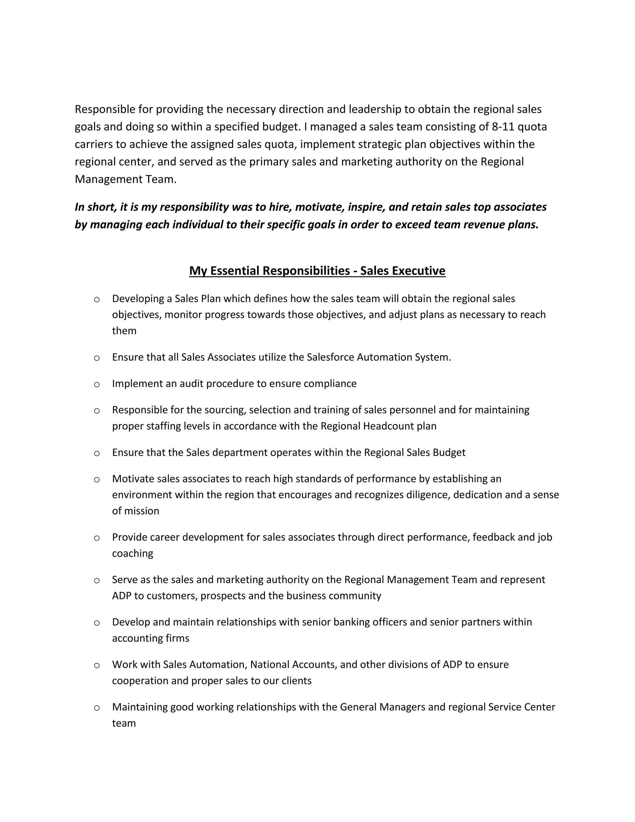 ADP Sales Executive Responsibilities | PDF