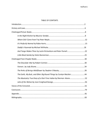 Hufford 1
TABLE OF CONTENTS
Introduction…………………………………………………………………………………………………………………………….2
History and Laws……………………………………………………………………………………………………………………..6
Challenged Picture Books…………………………………………………………………………………………………………8
In the Night Kitchen by Maurice Sendak……………………………………………………………………….8
Where Did I Come From? by Peter Mayle……………………………………………………………………..12
It’s Perfectly Normal by Robie Harris…………………………………………………………………………….15
Daddy’s Roomate by Michael Willhoite………………………………………………………………………18
And Tango Makes Three by Justin Richardson and Peter Parnell………………………………….22
Little Black Sambo by Helen Bannerman………………………………………………………………………25
Challenged Teen Chapter Books………………………………………………………………………………………………30
The Chocolate War by Robert Cormier…………………………………………………………………………30
Forever…by Judy Blume……………………………………………………………………………………………….34
The Perks of Being a Wallflower by Stephen Chbosky………………………………………………….39
The Earth, My Butt, and Other Big Round Things by Carolyn Mackler………………………….44
The Absolutely True Diary of a Part-Time Indian by Sherman Alexie…………………………….52
Julie of the Wolves by Jean Craighead George………………………………………………………………56
Voices of the Censored…………………………………………………………………………………………………………….61
Conclusion……………………………………………………………………………………………………………………………….79
Appendix………………………………………………………………………………………………………………………………….81
Bibliography…………………………………………………………………………………………………………………………….83
 