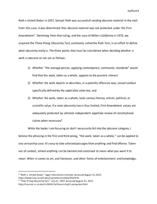 Hufford 4
Roth v United States in 1957, Samuel Roth was accused of sending obscene material in the mail.
From this case, it was determined that obscene material was not protected under the First
Amendment3. Stemming from that ruling, and the case of Miller v California in 1972, we
acquired the Three-Prong Obscenity Test, commonly called the Roth Test, in an effort to define
what obscenity really is. The three points that must be considered when deciding whether a
work is obscene or not are as follows:
1) Whether “the average person, applying contemporary community standards” would
find that the work, taken as a whole, appeals to the prurient interest
2) Whether the work depicts or describes, in a patently offensive way, sexual conduct
specifically defined by the applicable state law, and
3) Whether the work, taken as a whole, lacks serious literary, artistic, political, or
scientific value. If a state obscenity law is thus limited, First Amendment values are
adequately protected by ultimate independent appellate review of constitutional
claims when necessary4.
While the books I am focusing on don’t necessarily fall into the obscene category, I
believe the phrasing in the first and third prong, “the work, taken as a whole,” can be applied to
any censorship case. It’s easy to take selected passages fromanything and find offense. Taken
out of context, almost anything can be twisted and construed to mean what you want it to
mean. When it comes to art, and literature, and other forms of entertainment and knowledge,
3 "Roth v. United States." Legal Information Institute. Accessed August 31,2015.
https://www.law.cornell.edu/supremecourt/text/354/476.
4 "Thee Prong Obscenity Test." July 21, 1997.Accessed August 31, 2015.
http://courses.cs.vt.edu/cs3604/lib/Censorship/3-prong-test.html.
 