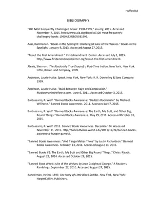 Hufford 83
BIBLIOGRAPHY
“100 Most Frequently Challenged Books: 1990-1999.” ala.org. 2015. Accessed
November 7, 2015. http://www.ala.org/bbooks/100-most-frequently-
challenged-books-1990%E2%80%931999.
Aasi, Rummanah. "Books in the Spotlight: Challenged: Julie of the Wolves." Books in the
Spotlight. January 9, 2013. Accessed August 27, 2015.
"About the First Amendment." First Amendment Center. Accessed July 1, 2015.
http://www.firstamendmentcenter.org/about-the-first-amendment.
Alexie, Sherman. The Absolutely True Diary of a Part-Time Indian. New York, New York:
Little, Brown and Company, 2009.
Anderson, Laurie Halse. Speak. New York, New York: R. R. Donnelley & Sons Company,
1999.
Anderson, Laurie Halse. "Stuck between Rage and Compassion."
Madwomanintheforest.com. June 6, 2011. Accessed October 3, 2015.
Baldassarro, R. Wolf. "Banned Books Awareness: "Daddy's Roommate" by Michael
Willhoite." Banned Books Awareness. 2011. Accessed July 7, 2015.
Baldassarro, R. Wolf. "Banned Books Awareness: The Earth, My Butt, and Other Big,
Round Things." Banned Books Awareness. May 29, 2011. Accessed October 31,
2015.
Baldassarro, R. Wolf. 2011. Banned Books Awareness. December 24. Accessed
November 11, 2015. http://bannedbooks.world.edu/2011/12/24/banned-books-
awareness-hunger-games/.
"Banned Books Awareness: "And Tango Makes Three" by Justin Richardson." Banned
Books Awareness. February 13, 2011. Accessed August 13, 2015.
"Banned Books #2: The Earth, My Butt and Other Big Round Things." Chrissi Reads.
August 25, 2014. Accessed October 28, 2015.
"Banned Book Week: Julie of the Wolves by Jean Craighead George." A Reader's
Ramblings. September 27, 2010. Accessed August 27, 2015.
Bannerman, Helen. 1899. The Story of Little Black Sambo. New York, New York:
HarperCollins Publishers.
 