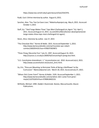 Hufford 87
https://www.law.cornell.edu/supremecourt/text/354/476.
Rudd, Cecil. Online interview by author. August 6, 2015.
Sanchez, Alex. "You Too Can Save Lives." Makeitsafeproject.org. May 6, 2015. Accessed
October 3, 2015
Staff, SLJ. "'And Tango Makes Three' Tops Most Challenged List, Again." SLJ. April 1,
2011. Accessed August 13, 2015. slj.com/2011/04/collection-development/and-
tango-makes-three-tops-most-challenged-list-again/.
Strain, Alice. Interview by author. July 17, 2015
"The Chocolate War." Barnes & Noble. 2015. Accessed September 1, 2015.
http://www.barnesandnoble.com/w/chocolate-war-robert-
cormier/1002054101?ean=9780375829871
"Three Prong Obscenity Test." July 21, 1997. Accessed August 31, 2015.
http://courses.cs.vt.edu/cs3604/lib/Censorship/3-prong-test.html.
"U.S. Constitution-Amendment 1." Usconstitution.net. 2010. Accessed July 6, 2015.
http://www.usconstitution.net/xconst_Am1.html.
Vo, Eric. "Pressure Mounting to Reinstate 'Perks of Being a Wallflower' to the
Curriculum." Myrecordjournal.com. March 20, 2015. Accessed July 27, 2015.
"Where Did I Come From?" Barnes & Noble. 2105. Accessed September 1, 2015.
http://www.barnesandnoble.com/w/where-did-i-come-from-peter-
mayle/1107916914?ean=9780818402531
Willhoite, Michael. 1990. Daddy’s Roommate. Boston, Massachusetts: Alyson
Publications.
 