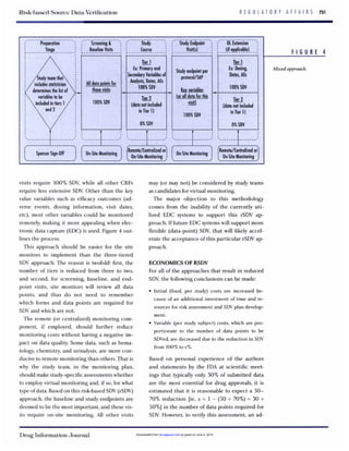 Risk-basedSourceDataVerikation R E G U L A T O R Y A F F A I R S 751
I
I l00XsDV I
- 1 I
visits require 100%SDV. while all other CRFs
require less extensive SDV. Other than the key
value variables such as efficacy outcomes (ad-
verse events, dosing information, visit dates,
etc), most other variables could be monitored
remotely, making it more appealing when elec-
tronic data capture (EDC) is used. Figure 4 out-
lines the process.
This approach should be easier for the site
monitors to implement than the three-tiered
SDV approach. The reason is twofold: first, the
number of tiers is reduced from three to two,
and second, for screening, baseline, and end-
point visits, site monitors will review all data
points, and thus do not need to remember
which forms and data points are required for
SDV and which are not.
The remote (or centralized) monitoring com-
ponent, if employed, should further reduce
monitoring costs without having a negative im-
pact on data quality. Some data, such as hema-
tology, chemistry, and urinalysis, are more con-
duciveto remote monitoring than others. That is
why the study team, in the monitoring plan,
should make study-specificassessmentswhether
to employvirtual monitoring and, if so. for what
type of data. Based on this risk-based SDV(rSDV)
approach, the baseline and study endpoints are
deemed to be the most important, and these vis-
its require on-site monitoring. All other visits
may (or may not) be considered by study teams
as candidates for virtual monitoring.
The major objection to this methodology
comes from the inability of the currently uti-
lized EDC systems to support this rSDV ap-
proach. If future EDC systemswill support more
flexible (data-point) SDV, that will likely accel-
erate the acceptance of this particular rSDV ap-
proach.
ECONOMICSOF RSDV
For all of the approaches that result in reduced
SDV,the followingconclusions can be made:
Initial (fixed, per study) costs are increased be-
cause of an additionalinvestment of time and re-
sources for risk assessment and SDV plan develop-
ment.
Variable (per study subject) costs, which are pro-
portionate to the number of data points to be
SDVed,are decreaseddue to the reduction in SDV
from 100%tox%.
Based on personal experience of the authors
and statements by the FDA at scientific meet-
ings that typically only 30% of submitted data
are the most essential for drug approvals, it is
estimated that it is reasonable to expect a 50-
70% reduction [ie, x = 1- (50+ 70%)= 30 +
50%)in the number of data points required for
SDV. However, to verify this assessment, an ad-
F I G U R E 4
Mixed approach.
~~
Drug InformationJournal by guest on June 4, 2015dij.sagepub.comDownloaded from
 