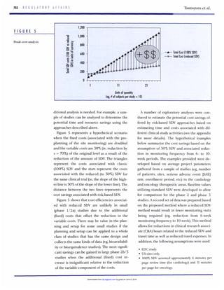 752 R E G U L A T O R Y A F F A I R S
F I G U R E 5
Break-evenanalysis.
Tantsy~uaet al.
1,200
3 1
r E 800
B E
n B
zcs=P
> > 400
852
200
>
-A- Total Cost (100%SDVI
-x- Total Cost (reducedSDVI
600
- =
gg
-e
s
Unitsof quantity
(eg, # of subiectsper study x 10)
ditional analysis is needed. For example, a sam-
ple of studies can be analyzed to determine the
potential time and resource savings using the
approaches described above.
Figure 5 represents a hypothetical scenario
when the fixed costs (associated with the pre-
planning of the site monitoring) are doubled
and the variable costs are 30%(ie. reduction by
x = 70%)of the original level as a result of the
reduction of the amount of SDV. The triangles
represent the costs associated with classic
(100%)SDV and the stars represent the costs
associated with the reduced (to 30%)SDV for
the same clinical trial (ie, the slope of the high-
er line is 30%of the slope of the lower line). The
distance between the two lines represents the
cost savings associated with risk-based SDV.
Figure 5 shows that cost efficiencies associat-
ed with reduced SDV are unlikely in small
(phase 1/2a) studies due to the additional
(fixed) costs that offset the reduction in the
variable costs. There may be value in the plan-
ning and setup for some small studies if the
planning and setup can be applied to a whole
class of studies that has the same design and
collects the same kinds of data (eg,bioavailabil-
ity or bioequivalence studies). The most signifi-
cant savings can be gained in large phase 2b/3
studies when the additional (fixed) cost in-
crease is insignificant relative to the reduction
ofthe variable component of the costs.
A number of exploratory analyses were con-
duced to estimate the potential cost savings of-
fered by risk-based SDV approaches based on
estimating time and costs associated with dif-
ferent clinical study activities (see the appendix
for more details). The hypothetical examples
below summarize the cost savings based on the
assumption of 50%SDV and associated reduc-
tion in monitoring frequency from 6- to 10-
week periods. The examples provided were de-
veloped based on average project parameters
gathered from a sample of studies (eg, number
of patients, sites, serious adverse event [SAE]
rate, enrollment period, etc) in the cardiology
and oncology therapeutic areas. Baselinevalues
utilizing standard SDV were developed to allow
for comparison for the phase 2 and phase 3
studies. A second set of data was prepared based
on the proposed method where a reduced SDV
method would result in fewer monitoring visits
being required (eg, reduction from 6-week
monitoring frequency to 10-week).This method
allows for reductions in clinical research associ-
ate (CRA)hours related to the reduced SDV and
travel time as well as reduced travel expenses. In
addition, the followingassumptions were used
EDCstudy.
USsites only.
100%SDV assumed approximately 6 minutes per
page review time (for cardiology) and 11 minutes
per page for oncology.
by guest on June 4, 2015dij.sagepub.comDownloaded from
 