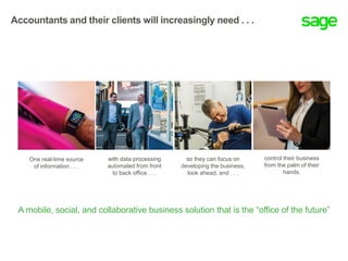 A mobile, social, and collaborative business solution that is the “office of the future”
Accountants and their clients will increasingly need . . .
One real-time source
of information . . .
control their business
from the palm of their
hands.
so they can focus on
developing the business,
look ahead, and . . .
with data processing
automated from front
to back office . . .
 
