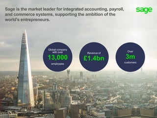 Global company
with over
13,000
employees
Revenue of
£1.4bn
Over
3m
customers
Sage is the market leader for integrated accounting, payroll,
and commerce systems, supporting the ambition of the
world’s entrepreneurs.
 