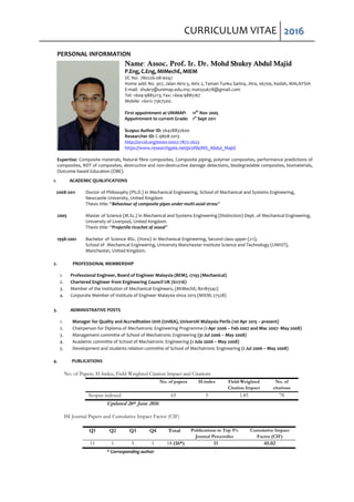 CURRICULUM VITAE 2016
PERSONAL INFORMATION
Name: Assoc. Prof. Ir. Dr. Mohd Shukry Abdul Majid
P.Eng, C.Eng, MIMechE, MIEM
I/C No: 780226-08-6047
Home add: No. 307, Jalan Airis 5, Airis 2, Taman Tunku Sarina, Jitra, 06700, Kedah, MALAYSIA
E-mail: shukry@unimap.edu.my; matsyuk78@gmail.com
Tel: +604-9885213; Fax: +604-9885167
Mobile: +6012-7367500.
First appointment at UNIMAP: 11th
Nov 2005
Appointment to current Grade: 1st
Sept 2011
Scopus Author ID: 26428832600
Researcher ID: C-9808-2013
http://orcid.org/0000-0002-7872-2623
https://www.researchgate.net/profile/MS_Abdul_Majid
Expertise: Composite materials, Natural fibre composites, Composite piping, polymer composites, performance predictions of
composites, NDT of composites, destructive and non-destructive damage detections, biodegradable composites, biomaterials,
Outcome based Education (OBE).
1. ACADEMIC QUALIFICATIONS
2008-2011 Doctor of Philosophy (Ph.D.) in Mechanical Engineering, School of Mechanical and Systems Engineering,
Newcastle University, United Kingdom
Thesis title: “Behaviour of composite pipes under multi-axial stress”
2005 Master of Science (M.Sc.) in Mechanical and Systems Engineering (Distinction) Dept. of Mechanical Engineering,
University of Liverpool, United Kingdom.
Thesis title: “Projectile ricochet of wood”
1998-2001 Bachelor of Science BSc. (Hons) in Mechanical Engineering, Second class upper (2:1),
School of Mechanical Engineering, University Manchester Institute Science and Technology (UMIST),
Manchester, United Kingdom.
2. PROFESSIONAL MEMBERSHIP
1. Professional Engineer, Board of Engineer Malaysia (BEM), 17193 (Mechanical)
2. Chartered Engineer from Engineering Council UK (611716)
3. Member of the Institution of Mechanical Engineers, (MIMechE; 80185542)
4. Corporate Member of Institute of Engineer Malaysia since 2015 (MIEM; 27528)
3. ADMINISTRATIVE POSTS
1. Manager for Quality and Accreditation Unit (UniKA), Universiti Malaysia Perlis (1st Apr 2015 – present)
2. Chairperson for Diploma of Mechatronic Engineering Programme (1 Apr 2006 – Feb 2007 and Mac 2007- May 2008)
3. Management committe of School of Mechatronic Engineering (31 Jul 2006 – May 2008)
4. Academic committe of School of Mechatronic Engineering (1 Jula 2006 – May 2008)
5. Development and students relation committe of School of Mechatronic Engineering (1 Jul 2006 – May 2008)
4. PUBLICATIONS
No. of Papers, H-Index, Field-Weighted Citation Impact and Citations
No. of papers H-index Field-Weighted
Citation Impact
No. of
citations
Scopus indexed 65 5 1.85 78
Updated 26th June 2016
ISI Journal Papers and Cumulative Impact Factor (CIF)
Q1 Q2 Q3 Q4 Total Publications in Top 5%
Journal Percentiles
Cumulative Impact
Factor (CIF)
11 1 5 1 18 (16*) 11 45.02
* Corresponding author
 