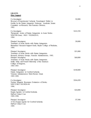 13
GRANTS
Prior Support
Co-Investigator $2,000
Reversal of Experimental Ischemic Neurological Deficit in
Gerbils by the Opiate Antagonist Naloxone. Academic Senate
Committee on Research, San Francisco Division,
1982.
Co-Investigator $163,350
Therapeutic Action of Opiate Antagonists in Acute Stroke.
NINCDS Grant, 1 RO1 - NS20620-01,
1984.
Principal Investigator $9,000
Treatment of Acute Stroke with Opiate Antagonists.
Biomedical Research Support Grant, Baylor College of Medicine,
1984.
Principal Investigator $51,000
Treatment of Acute Stroke with Opiate Antagonists.
Research Advisory Groups, Veterans Administration, 1985.
Principal Investigator $60,000
Treatment of Acute Stroke with Opiate Antagonists.
Smith, Kline and French Fellowship of the American
College of Surgeons,
1985-1987.
Principal Investigator $180,000
Opiate Antagonists in Cerebral Ischemia.
Veterans Administration Merit Review Grant
1985-1989.
Co-Investigator $364,450
Nuclear Magnetic Resonance Evaluation of Stroke.
NIH 32 RO1 NS19056-04
1986.
Principal Investigator $24,000
Kappa Agonists in Cerebral Ischemia.
DuPont Critical Care
1989-1990.
Principal Investigator $7,500
A New Kappa Agonist for Cerebral Ischemia.
DuPont Critical Care
1989.
 