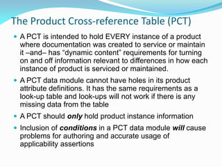 The Product Cross-reference Table (PCT)
 A PCT is intended to hold EVERY instance of a product
where documentation was created to service or maintain
it –and– has “dynamic content” requirements for turning
on and off information relevant to differences in how each
instance of product is serviced or maintained.
 A PCT data module cannot have holes in its product
attribute definitions. It has the same requirements as a
look-up table and look-ups will not work if there is any
missing data from the table
 A PCT should only hold product instance information
 Inclusion of conditions in a PCT data module will cause
problems for authoring and accurate usage of
applicability assertions
 