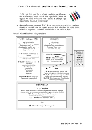 AJUDE-NOS A APRENDER – MANUAL DE TREINAMENTO EM ABA
INSTRUÇÃO - CAPÍTULO 8-6
22x28 cm). Seja qual for o método escolhido, certifique-se
que a informação esteja visível para o professor, possa ser
seguida por todos envolvidos com o ensino da criança, seja
regularmente atualizada e seja legível!
• O que colocar nos cartões de dicas? Segue uma amostra que pode ser escrita ou
digitada e colocada em um suporte plástico. Isto não deve ser usado como
modelo de programa – é somente uma amostra de um cartão de dicas.
Amostra de Cartão de Dicas para professores
TATOS – Cartões para CIMA!
G8 – Frases suporte
O que você vê? Eu vejo um ______.
O que é isto? Isto é um ____.
O que é aquilo? Aquilo é um _____.
Diga-me o que você vê.
“Veja _________ !”.
G10 – Partes e Características de
objetos
“Vamos conversar sobre _________”
carro, bicicleta, sapato
G11 e C40 – Atributos por Tato e ID
Receptivo
Vamos conversar sobre:
Grande/pequeno
Cheio/vazio
Poucos/muitos
Alto/baixo
Pesado/leve
G25, 26, 34, 35. Parte para o todo.
“Diga-me tudo o que você vê”
SONDAGENS
Partes do corpo
Perguntas sociais
Contar até # (para frente e para trás)
Pronomes “Quem tem x?
“ Eu tenho, você tem”.
LINGUAGEM RECEPTIVA
C25, 26 – Selecione 2 objetos,
figuras, de um conjunto maior
C33 – Dramatize uma ação
TFCC
G12, 13, 14 – Nomear os itens por FCC.
Alguma coisa que tem rodas é uma bicicleta
H7, 10, 12 – Preencha o item a partir de FCC.
Alguma coisa com rodas é uma bicicleta.
H8, 9, 11 – Reverter a ordem: “Uma bicicleta
é uma coisa que tem rodas”
INTRAVERBAIS
H13 – Categorias
Diga o nome de alguns... (animais, frutas, cores, verduras, veículos,
roupas, coisas de cozinha, coisas de banheiro, pessoas da sua família)
H14 – Reverso das categorias “Maçã, laranja,
banana são tipos de _______________”.
H15 – Opostos (use os mesmos de G11)
NET
F7 – Demandar atenção 25 vezes por dia.
As letras e
os números
neste
Cartão de
Dicas se
referem às
categorias
do ABLLS
 