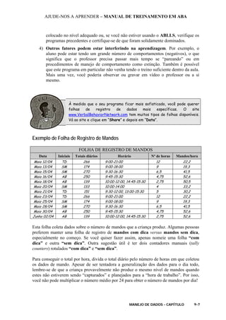 AJUDE-NOS A APRENDER – MANUAL DE TREINAMENTO EM ABA
MANEJO DE DADOS - CAPÍTULO 9-7
colocado no nível adequado ou, se você não estiver usando o ABLLS, verifique os
programas precedentes e certifique-se de que foram solidamente dominados.
4) Outros fatores podem estar interferindo na aprendizagem. Por exemplo, o
aluno pode estar tendo um grande número de comportamentos (negativos), o que
significa que o professor precisa passar mais tempo se “pareando” ou em
procedimentos de manejo de comportamento como extinção. Também é possível
que este programa em particular não venha tendo o treino suficiente dentro da aula.
Mais uma vez, você poderia observar ou gravar em vídeo o professor ou a si
mesmo.
À medida que o seu programa ficar mais sofisticado, você pode querer
folhas de registro de dados mais específicas. O site
www.VerbalBehaviorNetwork.com tem muitos tipos de folhas disponíveis.
Vá ao site e clique em “Share” e depois em “Data”.
Exemplo de Folha de Registro de Mandos
FOLHA DE REGISTRO DE MANDOS
Data Iniciais Totais diários Horário Nº de horas Mandos/hora
Maio 12/04 TD 266 9:00-21:00 12 22,2
Maio 13/04 SM 174 9:00-18:00 9 19,3
Maio 15/04 SM 270 9:30-16:30 6,5 41,5
Maio 16/04 AB 250 9:45-15:30 4,75 52,6
Maio 18/04 AB 139 10:00-12:00, 14:45-15:30 2,75 50,5
Maio 20/04 SM 133 10:00-14:00 4 33,2
Maio 21/04 TD 151 9:30-12:00, 13:00-15:30 5 30,2
Maio 23/04 TD 266 9:00-21:00 12 22,2
Maio 25/04 SM 174 9:00-18:00 9 19,3
Maio 28/04 SM 270 9:30-16:30 6,5 41,5
Maio 30/04 AB 250 9:45-15:30 4,75 52,6
Junho 02/04 AB 139 10:00-12:00, 14:45-15:30 2,75 52,6
Esta folha coleta dados sobre o número de mandos que a criança produz. Algumas pessoas
preferem manter uma folha de registro de mandos com dica versus mandos sem dica,
especialmente no começo. Se você quiser fazer assim, apenas nomeie uma folha “com
dica” e outra “sem dica”. Outra sugestão útil é ter dois contadores manuais (tally
counters) rotulados “com dica” e “sem dica”.
Para conseguir o total por hora, divida o total diário pelo número de horas em que coletou
os dados de mando. Apesar de ser tentadora a generalização dos dados para o dia todo,
lembre-se de que a criança provavelmente não produz o mesmo nível de mandos quando
estes não estiverem sendo “capturados” e planejados para a “hora de trabalho”. Por isso,
você não pode multiplicar o número médio por 24 para obter o número de mandos por dia!
 