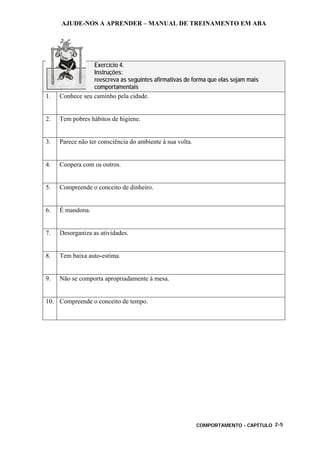AJUDE-NOS A APRENDER – MANUAL DE TREINAMENTO EM ABA
COMPORTAMENTO - CAPÍTULO 2-5
Exercício 4.
Instruções:
reescreva as seguintes afirmativas de forma que elas sejam mais
comportamentais
1. Conhece seu caminho pela cidade.
2. Tem pobres hábitos de higiene.
3. Parece não ter consciência do ambiente à sua volta.
4. Coopera com os outros.
5. Compreende o conceito de dinheiro.
6. É mandona.
7. Desorganiza as atividades.
8. Tem baixa auto-estima.
9. Não se comporta apropriadamente à mesa.
10. Compreende o conceito de tempo.
 
