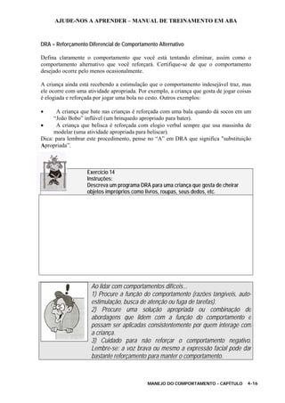 AJUDE-NOS A APRENDER – MANUAL DE TREINAMENTO EM ABA
MANEJO DO COMPORTAMENTO - CAPÍTULO 4-16
DRA = Reforçamento Diferencial de Comportamento Alternativo
Defina claramente o comportamento que você está tentando eliminar, assim como o
comportamento alternativo que você reforçará. Certifique-se de que o comportamento
desejado ocorre pelo menos ocasionalmente.
A criança ainda está recebendo a estimulação que o comportamento indesejável traz, mas
ele ocorre com uma atividade apropriada. Por exemplo, a criança que gosta de jogar coisas
é elogiada e reforçada por jogar uma bola no cesto. Outros exemplos:
• A criança que bate nas crianças é reforçada com uma bala quando dá socos em um
“João Bobo” inflável (um brinquedo apropriado para bater).
• A criança que belisca é reforçada com elogio verbal sempre que usa massinha de
modelar (uma atividade apropriada para beliscar).
Dica: para lembrar este procedimento, pense no “A” em DRA que significa "substituição
Apropriada”.
Exercício 14
Instruções:
Descreva um programa DRA para uma criança que gosta de cheirar
objetos impróprios como livros, roupas, seus dedos, etc.
Ao lidar com comportamentos difíceis...
1) Procure a função do comportamento (razões tangíveis, auto-
estimulação, busca de atenção ou fuga de tarefas).
2) Procure uma solução apropriada ou combinação de
abordagens que lidem com a função do comportamento e
possam ser aplicadas consistentemente por quem interage com
a criança.
3) Cuidado para não reforçar o comportamento negativo.
Lembre-se: a voz brava ou mesmo a expressão facial pode dar
bastante reforçamento para manter o comportamento.
 