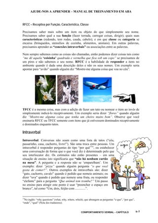 AJUDE-NOS A APRENDER – MANUAL DE TREINAMENTO EM ABA
COMPORTAMENTO VERBAL - CAPÍTULO 6-7
“?”
RFCC – Receptiva por Função, Característica, Classe
Precisamos saber mais sobre um item ou objeto do que simplesmente seu nome.
Precisamos saber qual a sua função (fazer torrada, carregar coisas, dirigir); quais suas
características (redondo, tem rodas, cauda, cabelo); e em que classe ou categoria se
encaixa (brinquedos, utensílios de cozinha, alimentos, animais). Em outras palavras,
precisamos aprender as “conexões intraverbais” ou associações entre as palavras.
Nem sempre sabemos como as coisas são chamadas, então podemos dizer coisas tais como
“me dê aquela ‘coisinha’ quadrada e vermelha que fica sob um copo” se precisamos de
um pires e não sabemos o seu nome. RFCC é a habilidade de responder a itens no
ambiente quando é dada uma descrição deles e não os seus nomes. Um exemplo seria
apontar para “avião” quando alguém diz “Mostre-me alguma coisa que voa no céu”.
TFCC é a mesma coisa, mas com a adição de fazer um tato ou nomear o item ao invés de
simplesmente indicá-lo receptivamente. Um exemplo seria dizer “flores” quando alguém
diz “Mostre-me alguma coisa que tenha um cheiro muito bom”. Observe que você
ensinaria RFCC ou TFCC somente com itens que já estivessem dominados receptivamente
e dominados enquanto tatos.
Intraverbal
Intraverbal: Conversas não soam como uma lista de tatos (“céu,
passarinho, casa, cachorro, livro!”). São uma troca entre pessoas. Um
intraverbal é responder perguntas do tipo “por quê13
”, ou estabelecer
uma conversação de forma que o que você diz é determinado pelo que
seu interlocutor diz. Os estímulos não estão presentes – em uma
situação de ensino isto significaria que “não há nenhum cartão
na mesa”. A pergunta e a resposta não se ‘emparelham’. Um
exemplo: dizer “pizza” quando alguém pergunta “o que você
gosta de comer?”. Outros exemplos de intraverbais são: dizer
“gato, cachorro, cavalo” quando é pedido que nomeie animais; ou
dizer “uva” quando é pedido que nomeie uma fruta, ou responder
“elefante” para a pergunta “Que animal tem tromba?” Um passo
no ensino para atingir este ponto é usar “preencher o espaço em
branco”, tal como “Um, dois, feijão com .............”.
13
No inglês: “why questions” (what, why, where, which), que abrangem as perguntas “o que”, “por que”,
“onde”, “qual” (Nota dos tradutores).
 