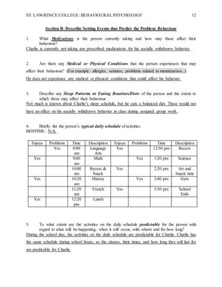 ST. LAWRENCE COLLEGE: BEHAVIOURAL PSYCHOLOGY 12
Section B: Describe Setting Events that Predict the Problem Behaviour
1. What Medications is the person currently taking and how may these affect their
behaviour?
Charlie is currently not taking any prescribed medications for his socially withdrawn behavior.
2. Are there any Medical or Physical Conditions that the person experiences that may
affect their behaviour? (For example: allergies, seizures, problems related to menstruation...)
He does not experience any medical or physical conditions that could affect his behavior.
3. Describe any Sleep Patterns or Eating Routines/Diets of the person and the extent to
which these may affect their behaviour.
Not much is known about Charlie’s sleep schedule, but he eats a balanced diet. These would not
have an effect on his socially withdrawn behavior in class during assigned group work.
4. Briefly list the person’s typical daily schedule of activities.
BEDTIME: N/A.
5. To what extent are the activities on the daily schedule predictable for the person with
regard to what will be happening, when it will occur, with whom and for how long?
During the school day, the activities on the daily schedule are predictable for Charlie. Charlie has
the same schedule during school hours, so the classes, their times, and how long they will last for
are predicable for Charlie.
Enjoys Problems Time Description Enjoys Problems Time Description
Yes 8:00
am
Language
Arts
Yes 12:50 pm Recess
Yes 9:00
am
Math Yes 1:20 pm Science
10:00
am
Recess &
Snack
Yes 2:20 pm Art and
Snack time
Yes 10:20
am
History Yes 2:40 pm Gym
11:20
am
French Yes 3:30 pm School
Ends
Yes 12:20
pm
Lunch
 