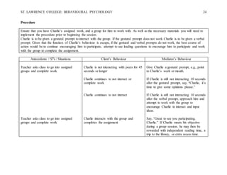 ST. LAWRENCE COLLEGE: BEHAVIOURAL PSYCHOLOGY 24
Procedure
Ensure that you have Charlie’s assigned work, and a group for him to work with. As well as the necessary materials you will need to
implement the procedure prior to beginning the session.
Charlie is to be given a gestural prompt to interact with the group. If the gestural prompt does not work Charlie is to be given a verbal
prompt. Given that the function of Charlie’s behaviour is escape, if the gestural and verbal prompts do not work, the best course of
action would be to continue encouraging him to participate, attempt to use leading questions to encourage him to participate and work
with the group to complete the assignment.
Antecedents / SDs / Situations Client’s Behaviour Mediator’s Behaviour
Teacher asks class to go into assigned
groups and complete work
Teacher asks class to go into assigned
groups and complete work
Charlie is not interacting with peers for 45
seconds or longer
Charlie continues to not interact or
complete work
Charlie continues to not interact
Charlie interacts with the group and
completes the assignment
Give Charlie a gestural prompt, e.g., point
to Charlie’s work or mouth.
If Charlie is still not interacting 10 seconds
after the gestural prompt, say, “Charlie, it’s
time to give some opinions please.”
If Charlie is still not interacting 10 seconds
after the verbal prompt, approach him and
attempt to work with the group to
encourage Charlie to interact and input
ideas.
Say, “Great to see you participating,
Charlie.” If Charlie meets his objective
during a group session, he may then be
rewarded with independent reading time, a
trip to the library, or extra recess time.
 