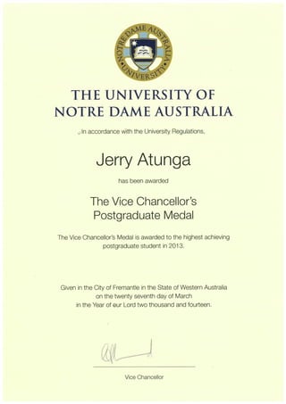VC PostGraduate Medal Certificate